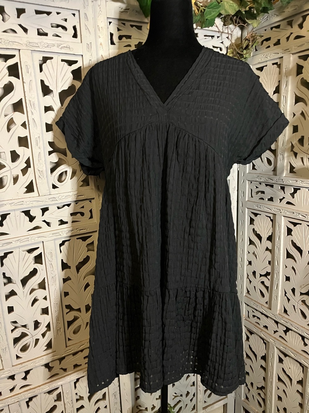 SHEIN CUTE BLACK COTTON GAUZE SHORT SLEEVE BABYDOLL MINI DRESS